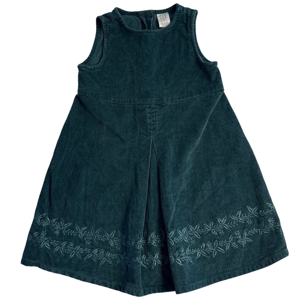 Vintage 90s Baby Gap Green Corduroy Holiday Floral Embroidered Dress 2T Girls